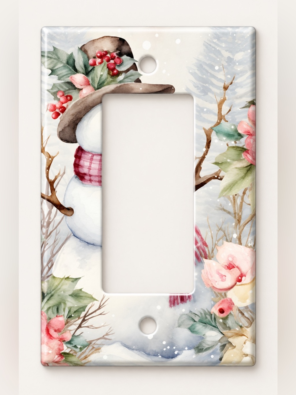Watercolor Snowman Pink Scarf Christmas Rocker GFCI Wall Plate Cover